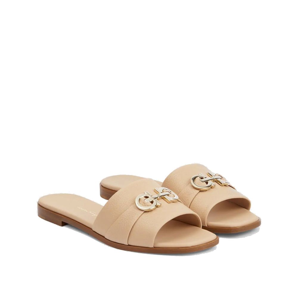 Salvatore Ferragamo Beige Calfskin Flat Sandals by Salvatore Ferragamo outlet now on sale