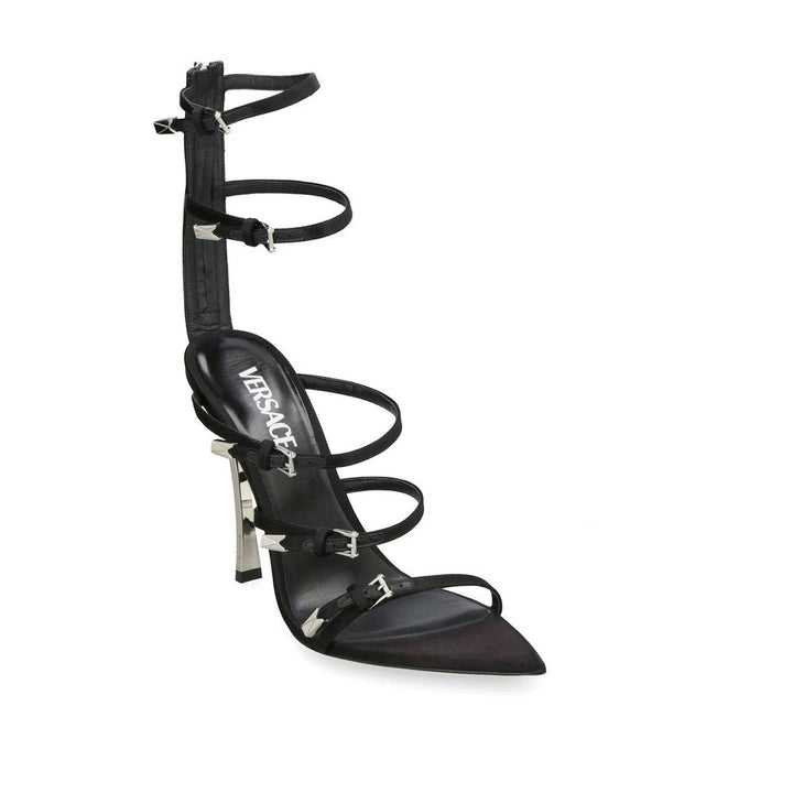 Versace Black Calfskin Stiletto Heel Sandals by Versace outlet now on sale