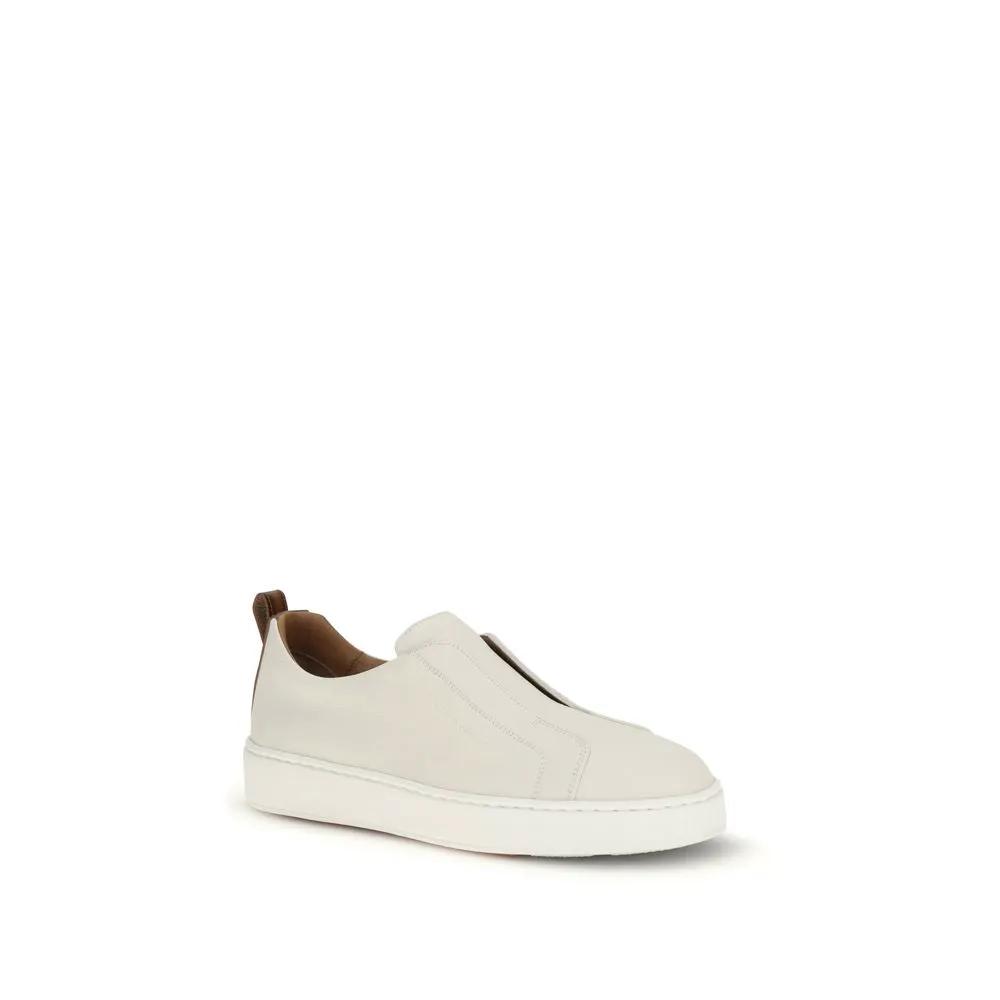 Santoni Sample Sale | Santoni White Calf Leather Bos Taurus Low Top Sneakers - | Designer outlet