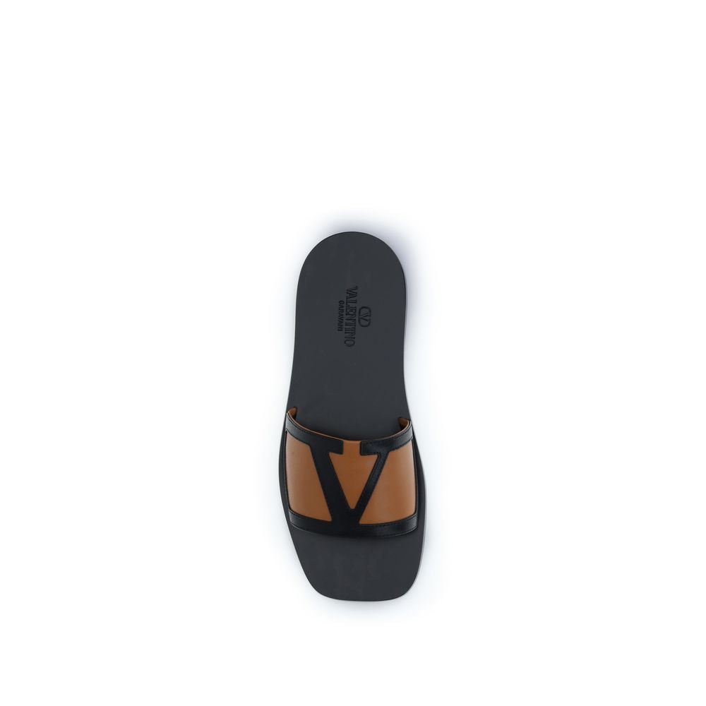 Valentino Garavani Black Calf Leather Bos Taurus Flat Sandals by Valentino Garavani outlet now on sale