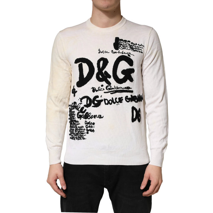 Dolce &amp; Gabbana Sample Sale Dolce &amp; Gabbana White Virgin Wool Graphic Logo Crewneck Sweater - | Designer outlet