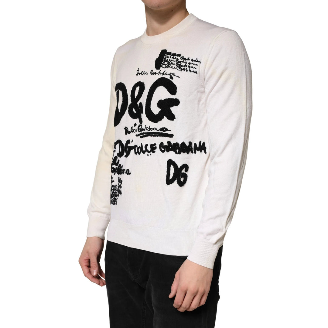 Dolce &amp; Gabbana Sample Sale Dolce &amp; Gabbana White Virgin Wool Graphic Logo Crewneck Sweater - | Designer outlet