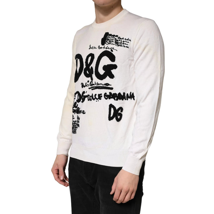 Dolce &amp; Gabbana Sample Sale Dolce &amp; Gabbana White Virgin Wool Graphic Logo Crewneck Sweater - | Designer outlet
