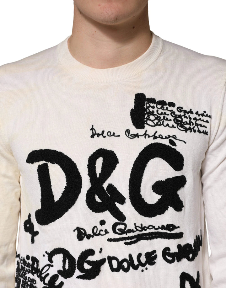 Dolce &amp; Gabbana Sample Sale Dolce &amp; Gabbana White Virgin Wool Graphic Logo Crewneck Sweater - | Designer outlet