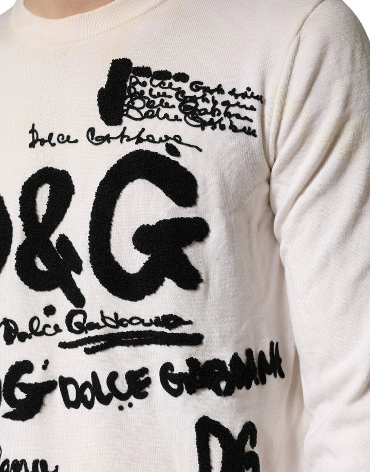 Dolce &amp; Gabbana Sample Sale Dolce &amp; Gabbana White Virgin Wool Graphic Logo Crewneck Sweater - | Designer outlet