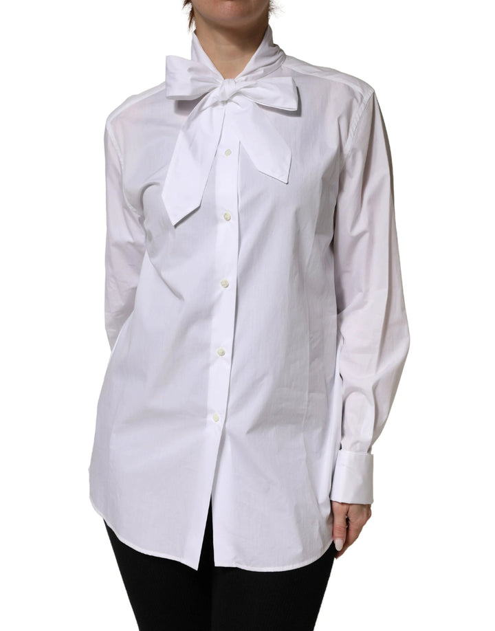 Dolce &amp; Gabbana Sample Sale Dolce &amp; Gabbana White Cotton Bow Tie Long Sleeves Blouse Top - | Designer outlet