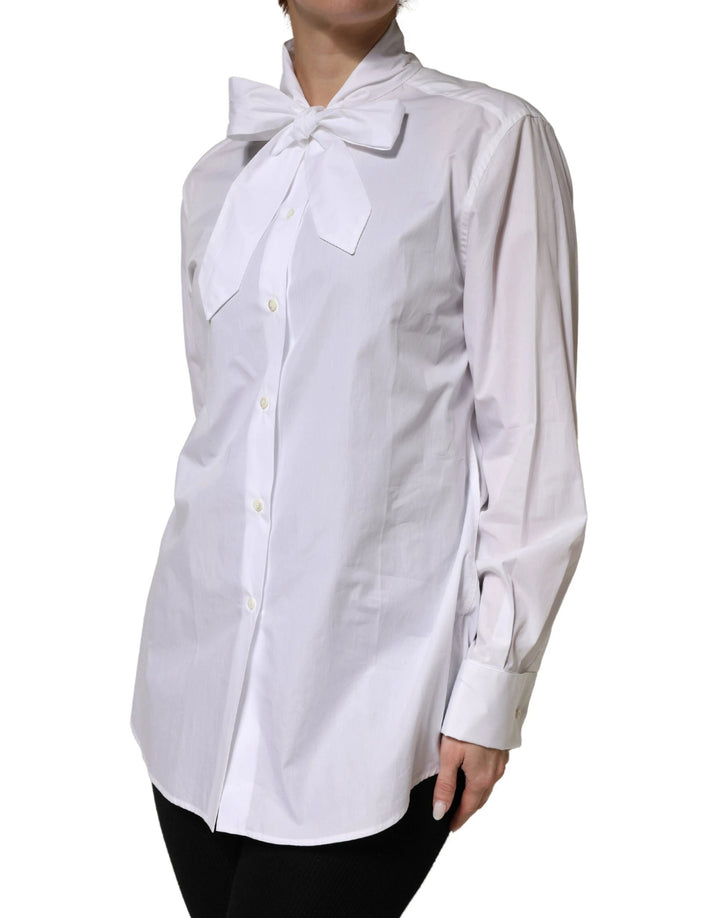 Dolce &amp; Gabbana Sample Sale Dolce &amp; Gabbana White Cotton Bow Tie Long Sleeves Blouse Top - | Designer outlet
