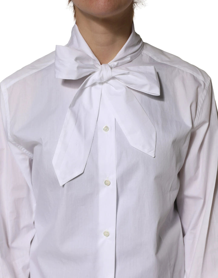 Dolce &amp; Gabbana Sample Sale Dolce &amp; Gabbana White Cotton Bow Tie Long Sleeves Blouse Top - | Designer outlet