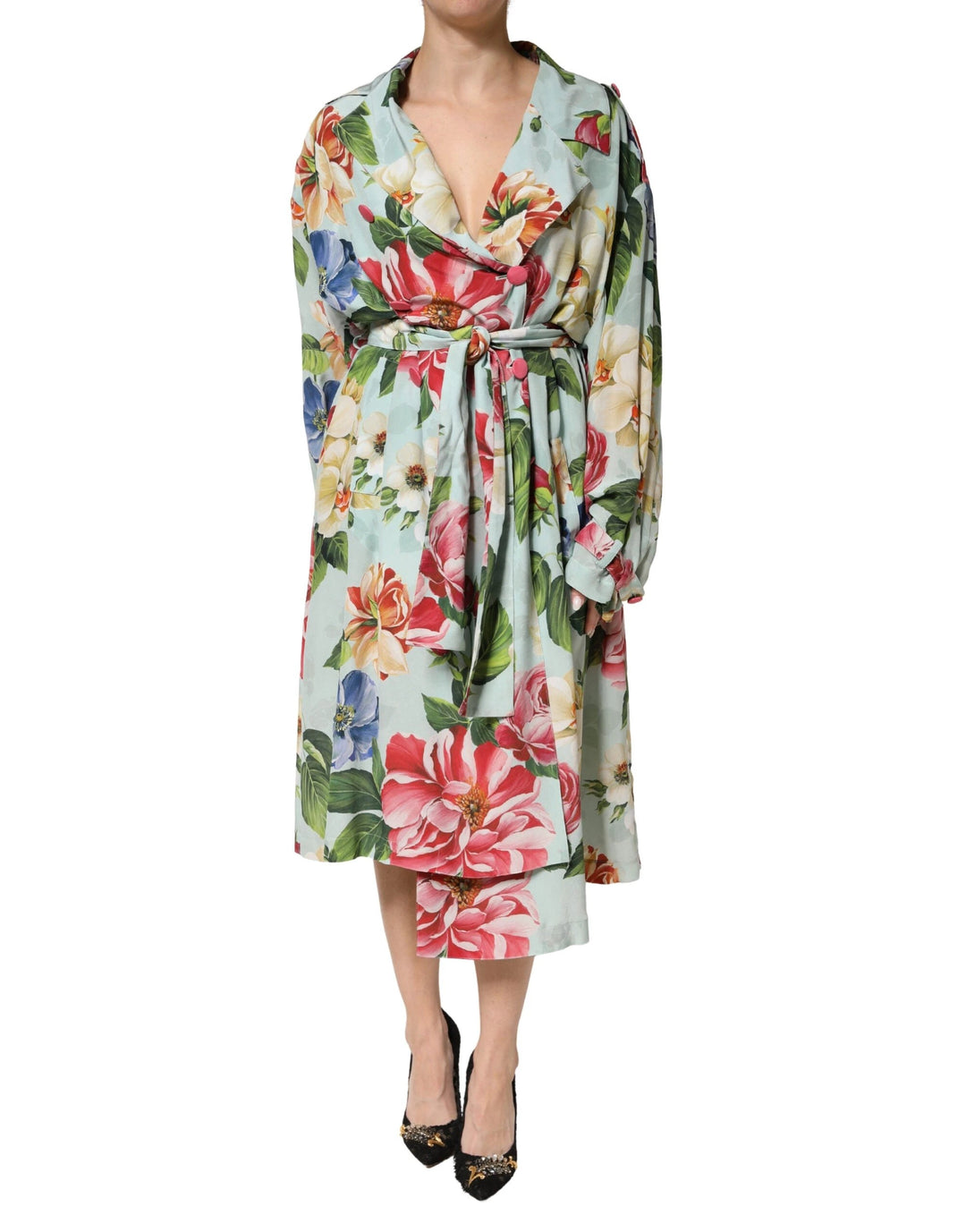 Dolce & Gabbana Green Floral Silk Wrap Midi Long Sleeve Dress – Ask Me Wear