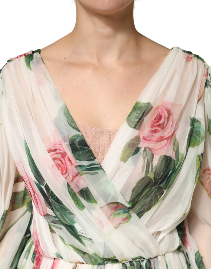 Dolce &amp; Gabbana Sample Sale Dolce &amp; Gabbana Green Floral Silk Wrap Midi Long Sleeve Dress - | Designer outlet