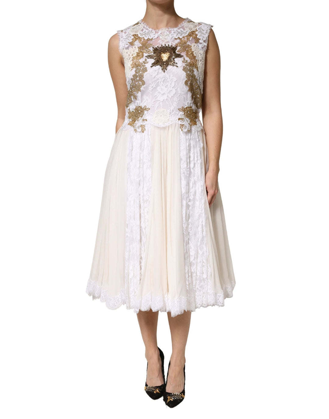 Dolce &amp; Gabbana Sample Sale Dolce &amp; Gabbana Ivory Lace Silk Embellished Sleeveless Dress - | Designer outlet
