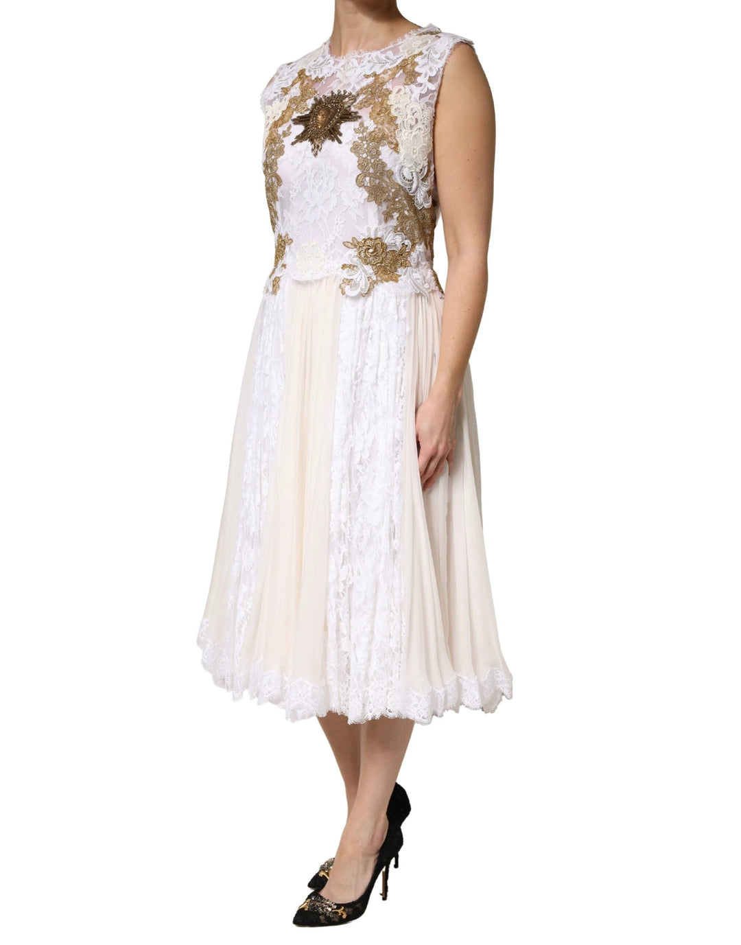 Dolce &amp; Gabbana Sample Sale Dolce &amp; Gabbana Ivory Lace Silk Embellished Sleeveless Dress - | Designer outlet
