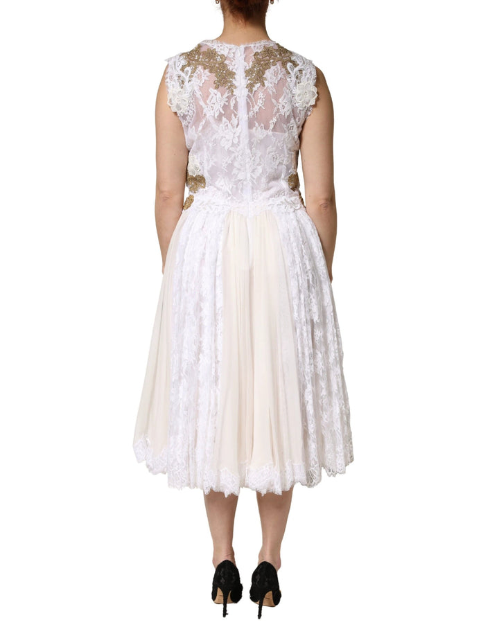 Dolce &amp; Gabbana Sample Sale Dolce &amp; Gabbana Ivory Lace Silk Embellished Sleeveless Dress - | Designer outlet