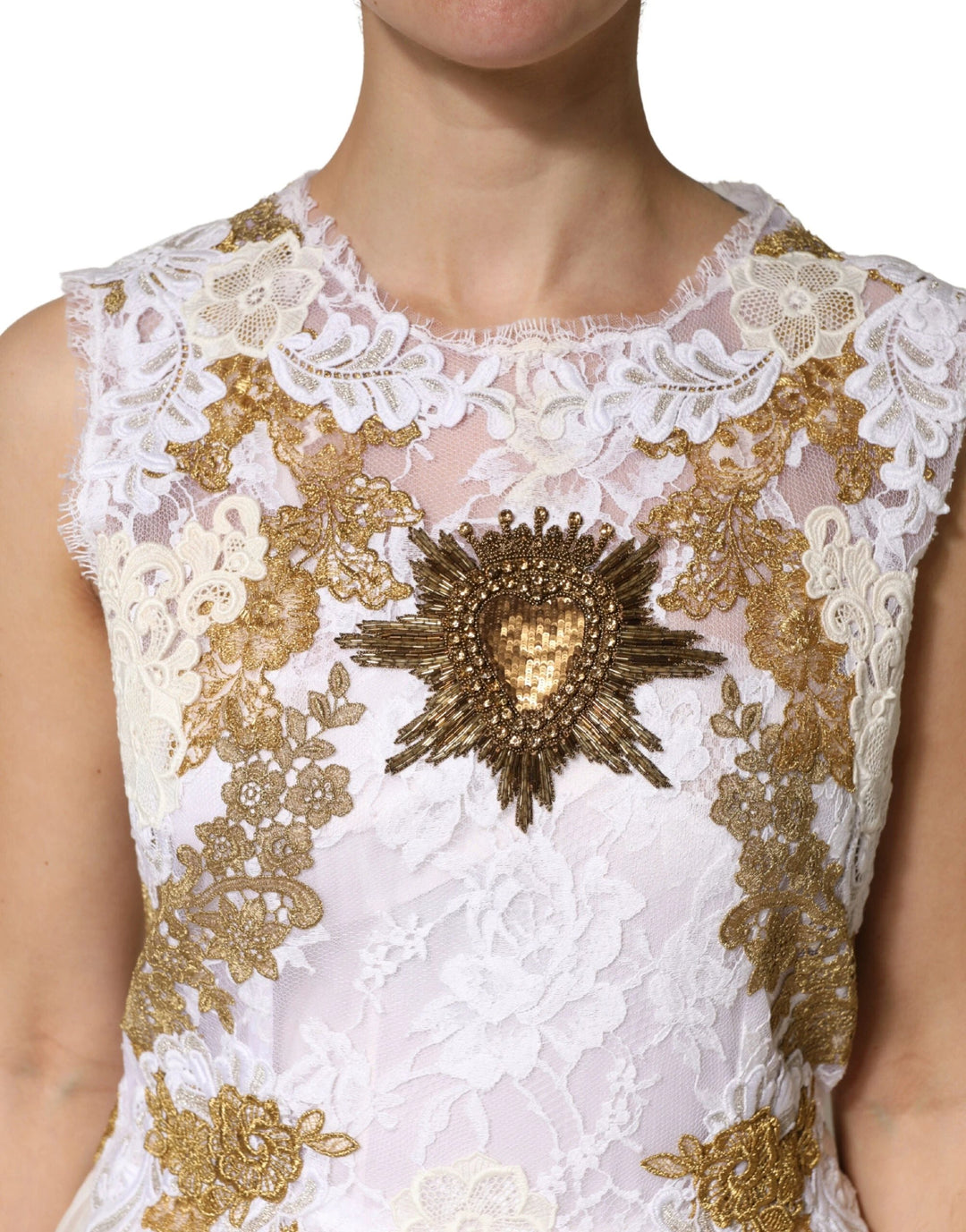 Dolce &amp; Gabbana Sample Sale Dolce &amp; Gabbana Ivory Lace Silk Embellished Sleeveless Dress - | Designer outlet