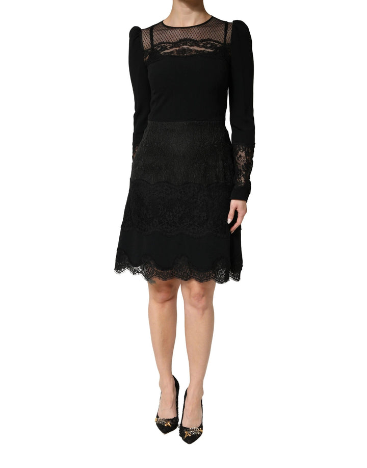 Dolce &amp; Gabbana Sample Sale Dolce &amp; Gabbana Black Lace Sheer Panel Midi Long Sleeve Dress - | Designer outlet