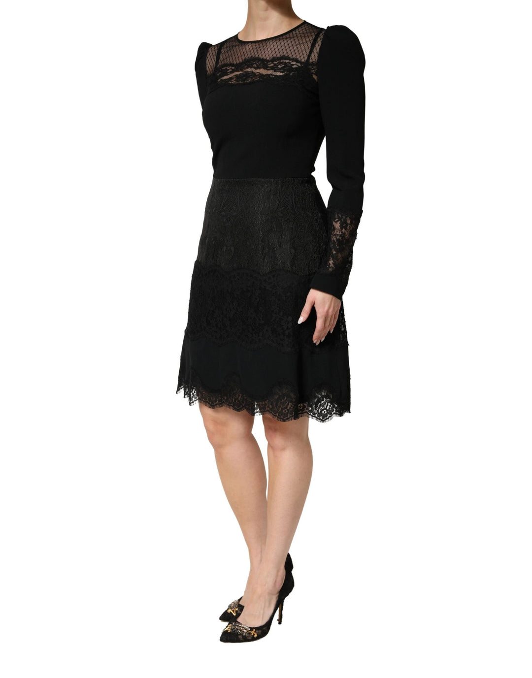 Dolce &amp; Gabbana Sample Sale Dolce &amp; Gabbana Black Lace Sheer Panel Midi Long Sleeve Dress - | Designer outlet