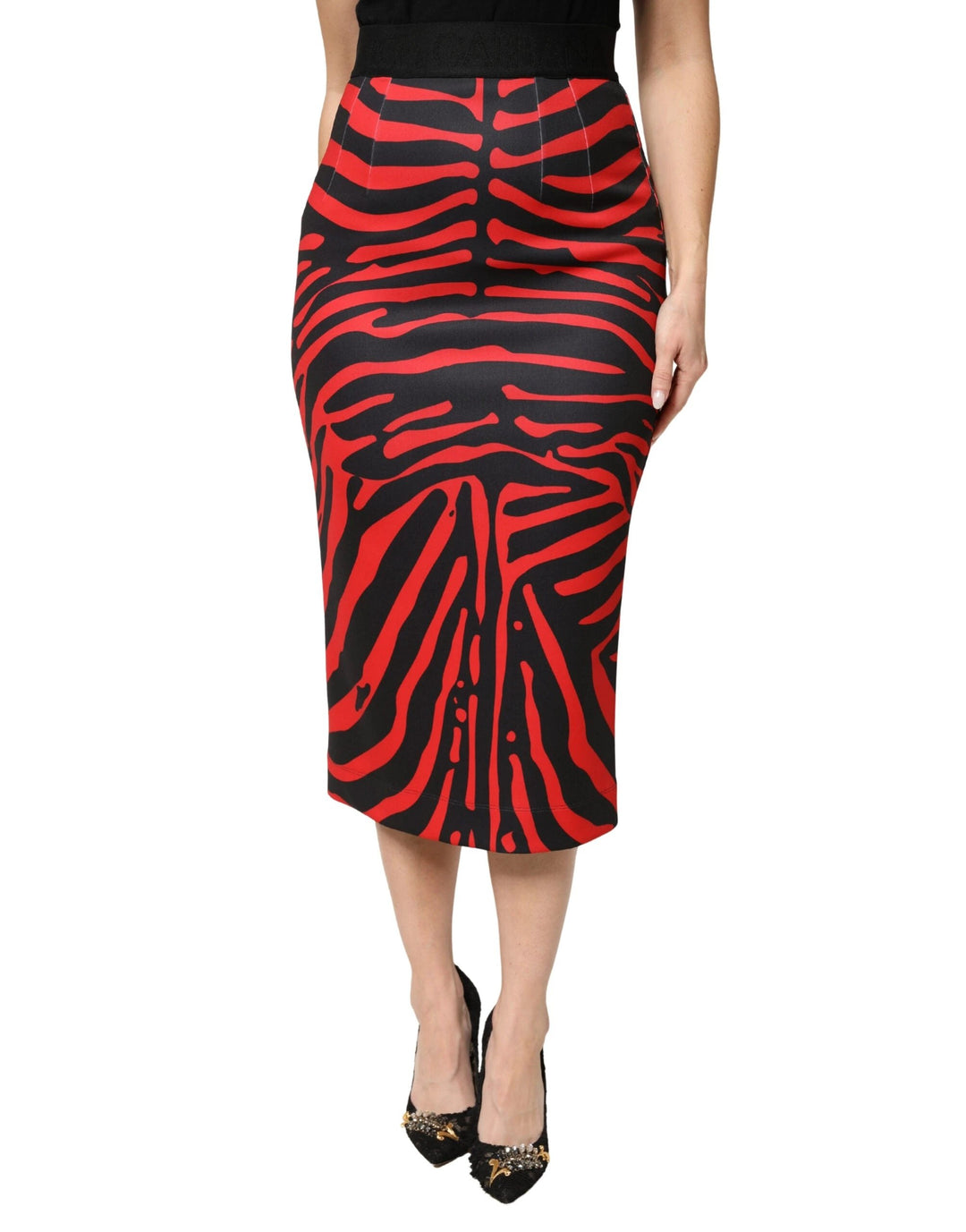 Dolce & Gabbana Sample Sale Dolce & Gabbana Red Black Zebra Print Polyester Pencil Midi Skirt - | Designer outlet