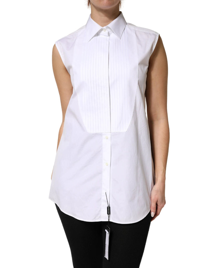 Dolce &amp; Gabbana Sample Sale Dolce &amp; Gabbana White Cotton Pleated Sleeveless Button Down Top - | Designer outlet