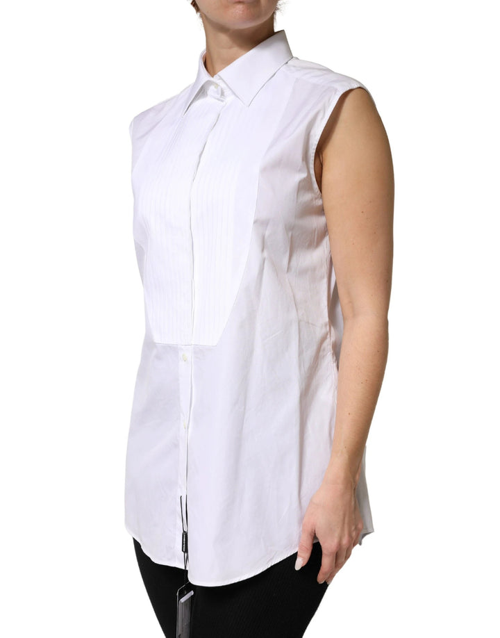 Dolce &amp; Gabbana Sample Sale Dolce &amp; Gabbana White Cotton Pleated Sleeveless Button Down Top - | Designer outlet