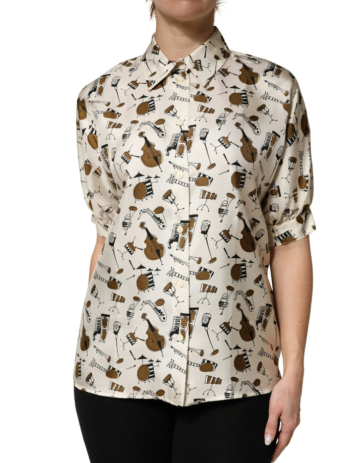 Dolce &amp; Gabbana Sample Sale Dolce &amp; Gabbana Beige Musical Instrument Print Short Sleeve Top - | Designer outlet