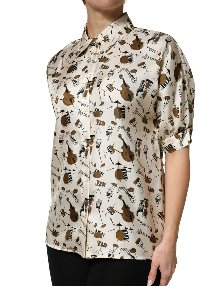 Dolce &amp; Gabbana Sample Sale Dolce &amp; Gabbana Beige Musical Instrument Print Short Sleeve Top - | Designer outlet