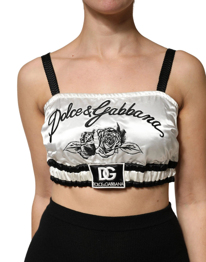Dolce &amp; Gabbana Sample Sale Dolce &amp; Gabbana White Silk Satin Crop Black Logo Bralette Top - | Designer outlet