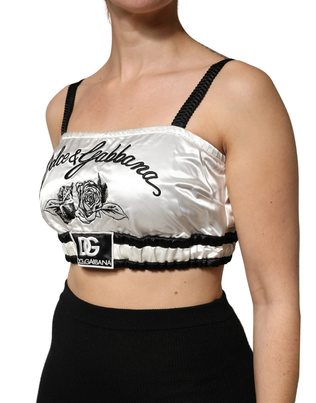 Dolce &amp; Gabbana Sample Sale Dolce &amp; Gabbana White Silk Satin Crop Black Logo Bralette Top - | Designer outlet