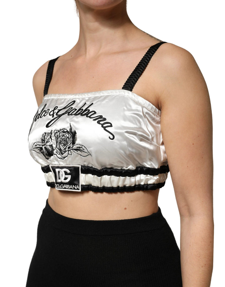 Dolce &amp; Gabbana Sample Sale Dolce &amp; Gabbana White Silk Satin Crop Black Logo Bralette Top - | Designer outlet