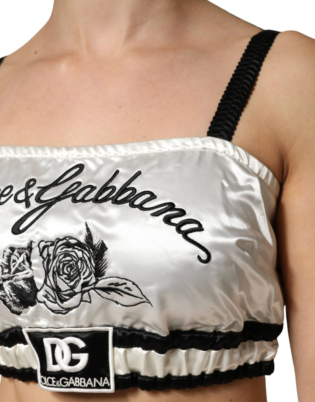 Dolce &amp; Gabbana Sample Sale Dolce &amp; Gabbana White Silk Satin Crop Black Logo Bralette Top - | Designer outlet