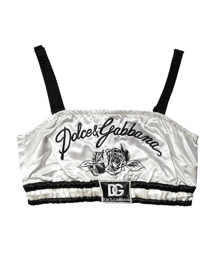Dolce &amp; Gabbana Sample Sale Dolce &amp; Gabbana White Silk Satin Crop Black Logo Bralette Top - | Designer outlet