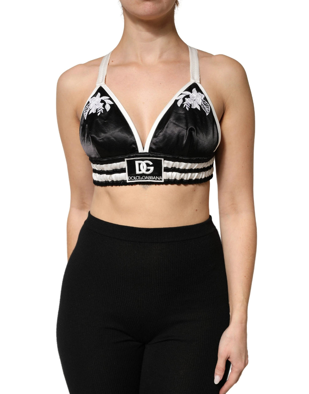 Dolce &amp; Gabbana Sample Sale Dolce &amp; Gabbana Black Floral Silk Satin Crop Logo Bralette Top - | Designer outlet