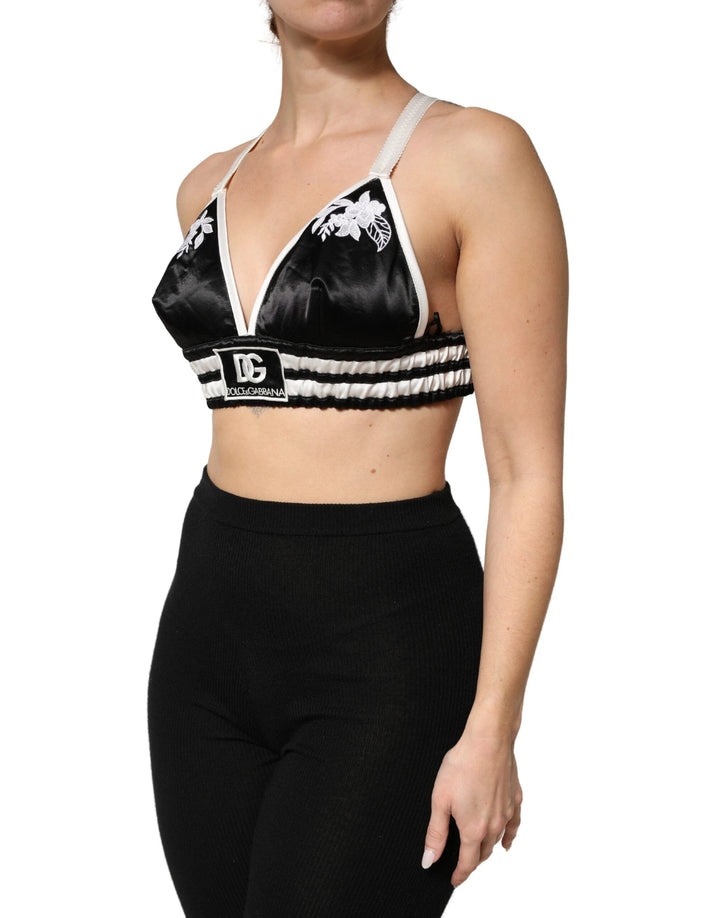 Dolce &amp; Gabbana Sample Sale Dolce &amp; Gabbana Black Floral Silk Satin Crop Logo Bralette Top - | Designer outlet