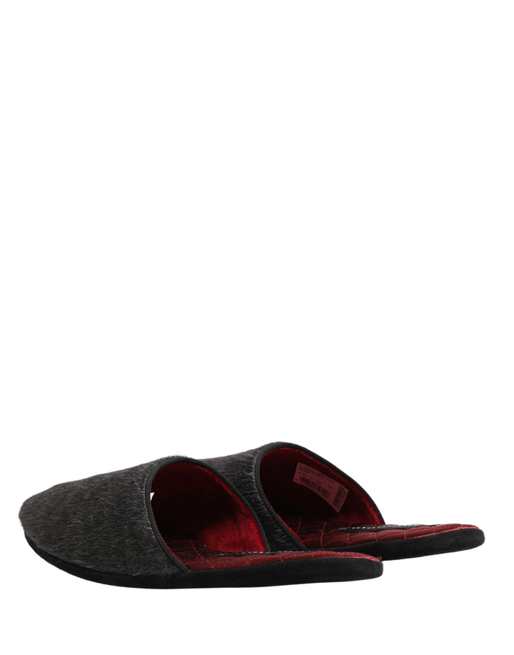 Dolce & Gabbana Dark Grey Charcoal Wool Red Slippers Shoes