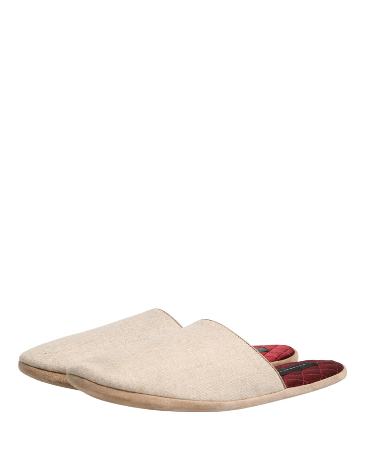 Dolce & Gabbana Beige Shetland Wool Red Quilted Slippers Shoes