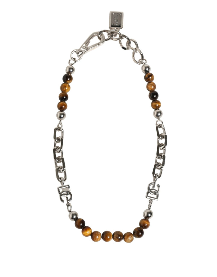 Dolce &amp; Gabbana Sample Sale Dolce &amp; Gabbana Silver Tone Brass Chain Beaded Gem DG Logo Bracelet - | Designer outlet