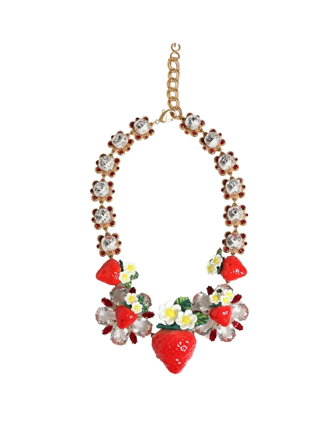 Dolce &amp; Gabbana Gold Brass FRUIT Pendants Flowers Crystal Logo Necklace
