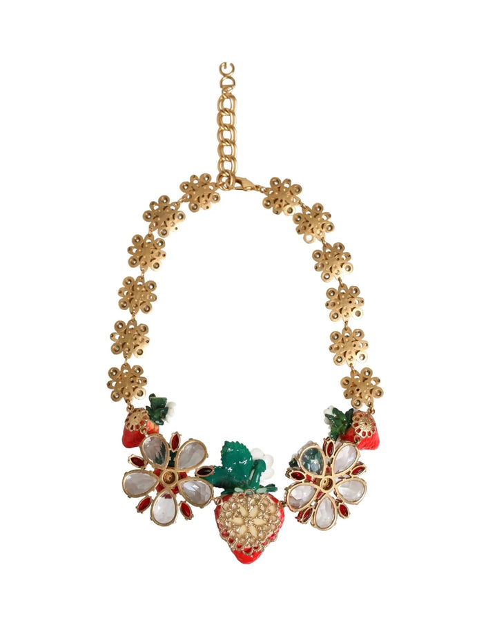 Dolce &amp; Gabbana Gold Brass FRUIT Pendants Flowers Crystal Logo Necklace