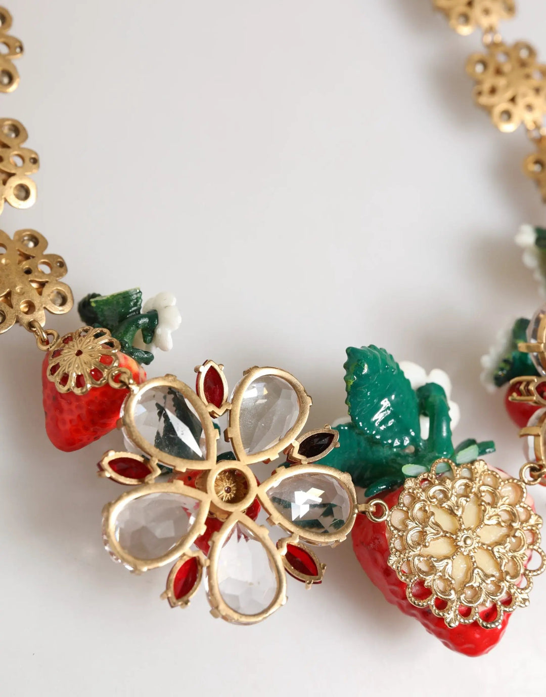 Dolce &amp; Gabbana Gold Brass FRUIT Pendants Flowers Crystal Logo Necklace