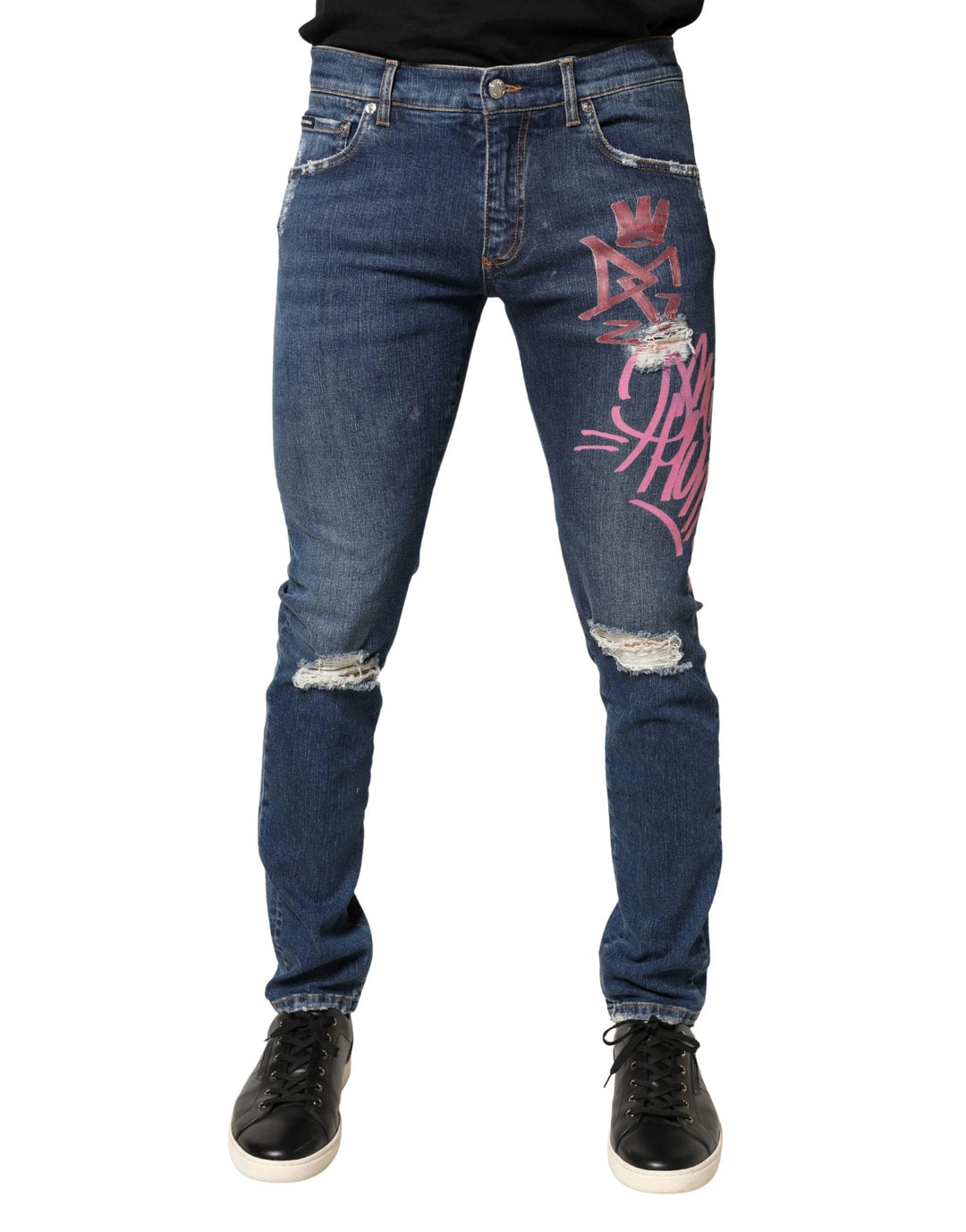 Dolce & Gabbana Sample Sale Dolce & Gabbana Blue Distressed Graffiti Print Skinny Jeans - | Designer outlet