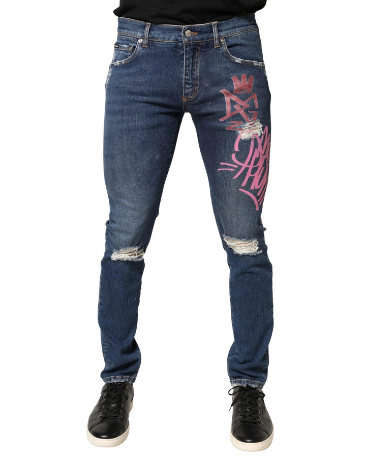 Dolce &amp; Gabbana Sample Sale Dolce &amp; Gabbana Blue Distressed Graffiti Print Skinny Jeans - | Designer outlet