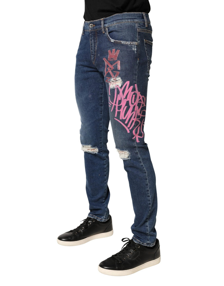 Dolce &amp; Gabbana Sample Sale Dolce &amp; Gabbana Blue Distressed Graffiti Print Skinny Jeans - | Designer outlet