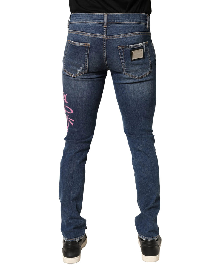 Dolce &amp; Gabbana Sample Sale Dolce &amp; Gabbana Blue Distressed Graffiti Print Skinny Jeans - | Designer outlet
