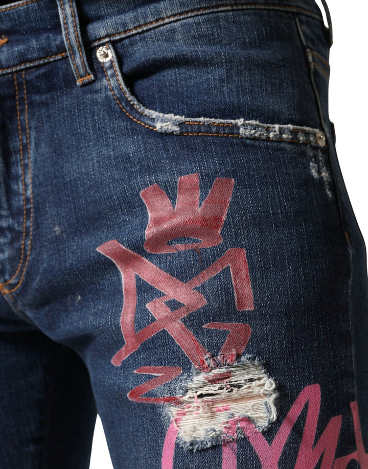 Dolce &amp; Gabbana Sample Sale Dolce &amp; Gabbana Blue Distressed Graffiti Print Skinny Jeans - | Designer outlet