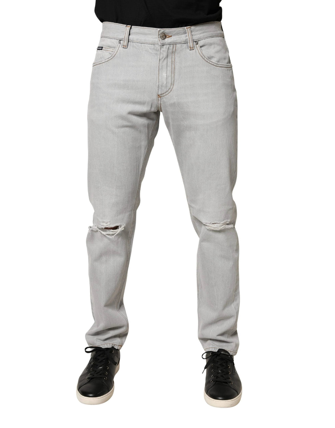 Dolce &amp; Gabbana Sample Sale Dolce &amp; Gabbana Light Gray Ripped Cotton Regular Denim Jeans - | Designer outlet