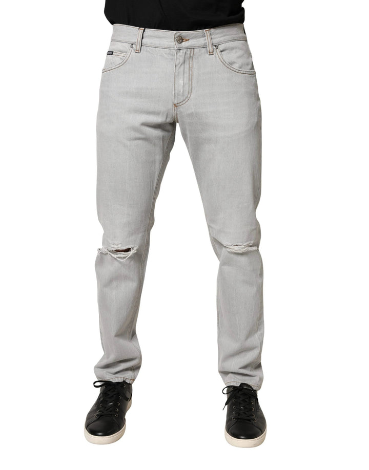 Dolce &amp; Gabbana Sample Sale Dolce &amp; Gabbana Light Gray Ripped Cotton Regular Denim Jeans - | Designer outlet