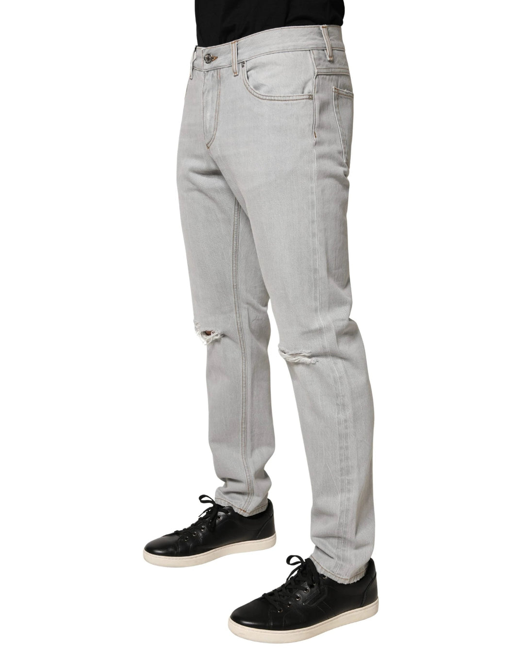 Dolce &amp; Gabbana Sample Sale Dolce &amp; Gabbana Light Gray Ripped Cotton Regular Denim Jeans - | Designer outlet