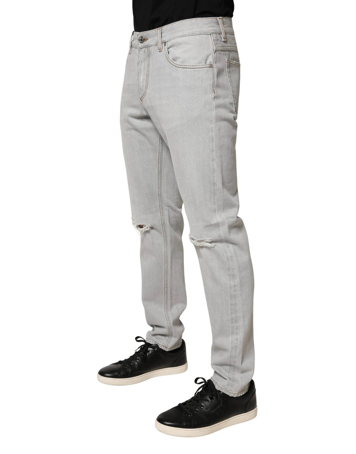 Dolce &amp; Gabbana Sample Sale Dolce &amp; Gabbana Light Gray Ripped Cotton Regular Denim Jeans - | Designer outlet