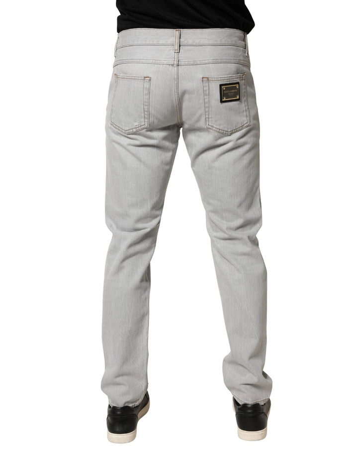 Dolce &amp; Gabbana Sample Sale Dolce &amp; Gabbana Light Gray Ripped Cotton Regular Denim Jeans - | Designer outlet
