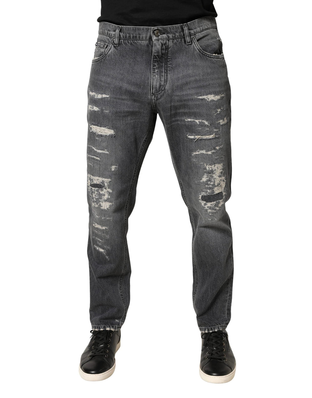 Dolce & Gabbana Sample Sale Dolce & Gabbana Dark Gray Tattered Cotton Loose Denim Jeans - | Designer outlet