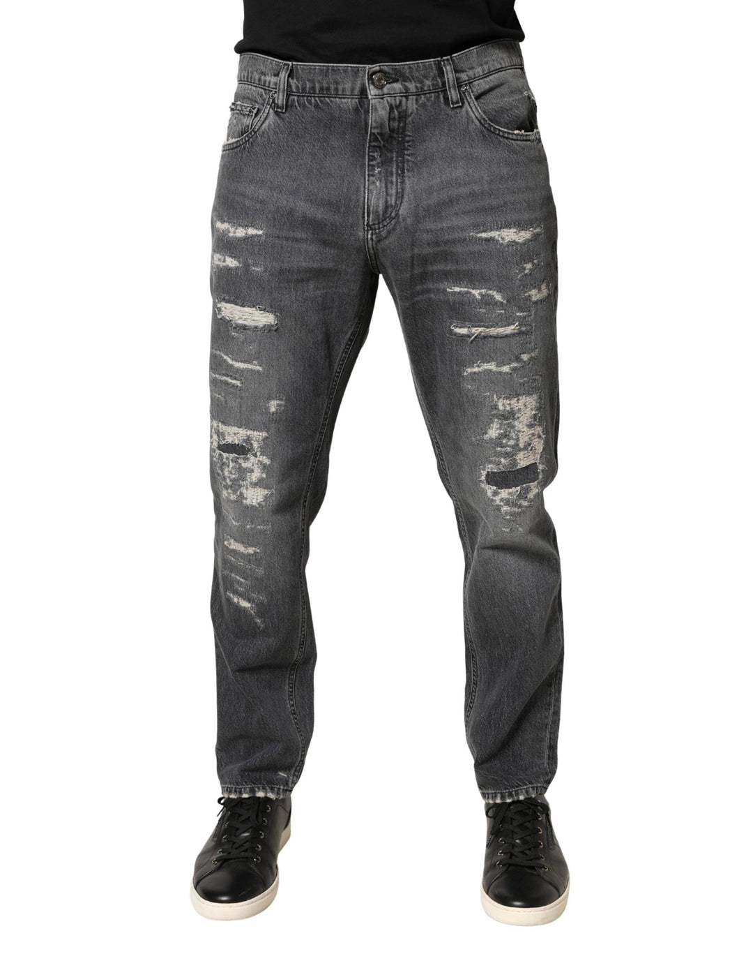 Dolce &amp; Gabbana Sample Sale Dolce &amp; Gabbana Dark Gray Tattered Cotton Loose Denim Jeans - | Designer outlet